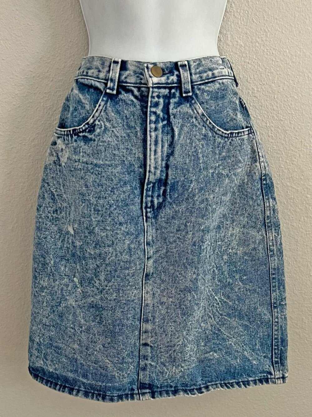 Vintage Acid Wash Denim Mini Skirt High Waist 80s Retro Cotton Amancio Size XS